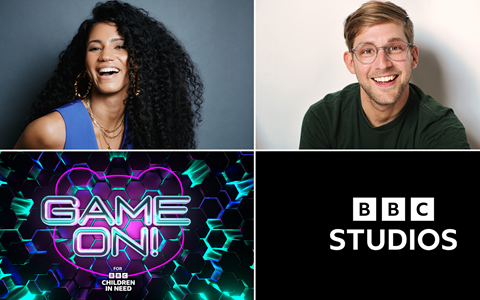Graphic splits into four, top left photo of Vick Hope, top right Steffan Powell, bottom left says 'Game on for Children in Need' bottom right says 'BBC Studios'