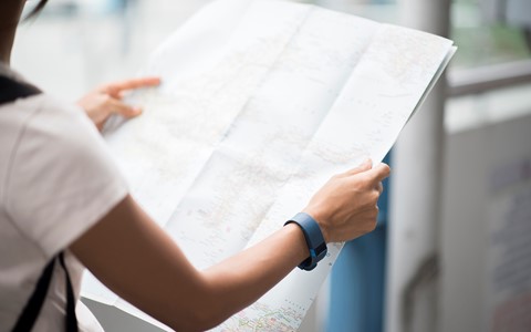 person looking at map