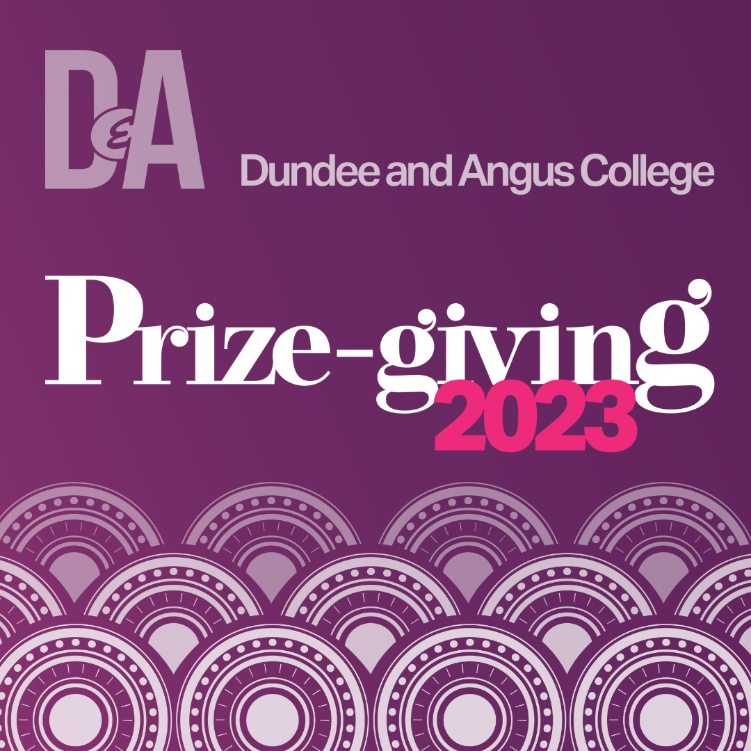 Purple and pink background with white flower design and the words 'Dundee and Angus College Prizegiving 2023')