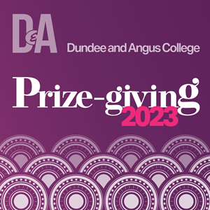 Purple and pink background with white flower design and the words 'Dundee and Angus College Prizegiving 2023'