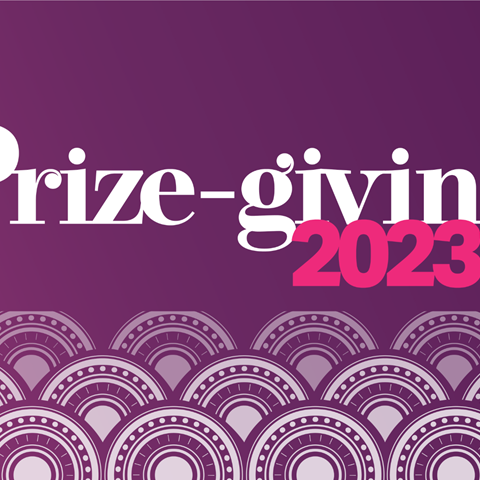 Purple and pink background with white flower design and the words 'Prizegiving 2023'