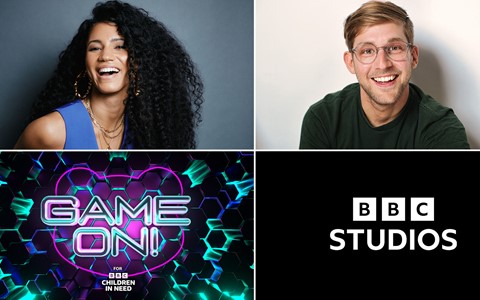 Graphic splits into four, top left photo of Vick Hope, top right Steffan Powell, bottom left says 'Game on for Children in Need' bottom right says 'BBC Studios'