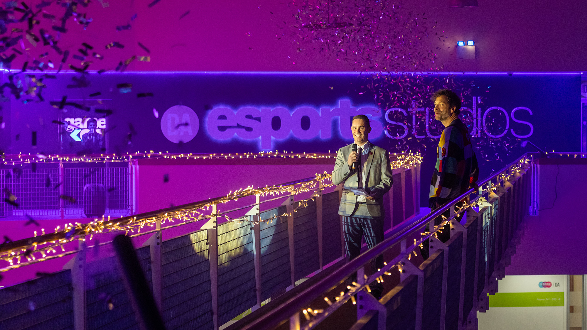 Simon Hewitt and Chris van der Kuyl on bridge announcing launch of esports studio)