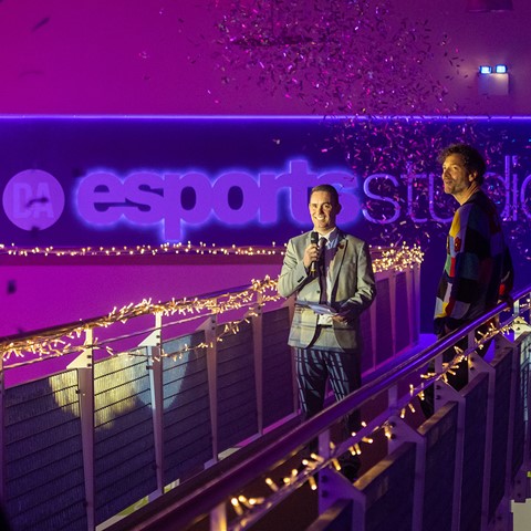 Simon Hewitt and Chris van der Kuyl on bridge announcing launch of esports studio