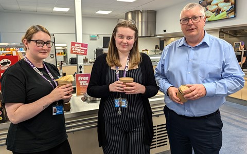 Staff getting free soup as part of the Freaky Friday Challenge