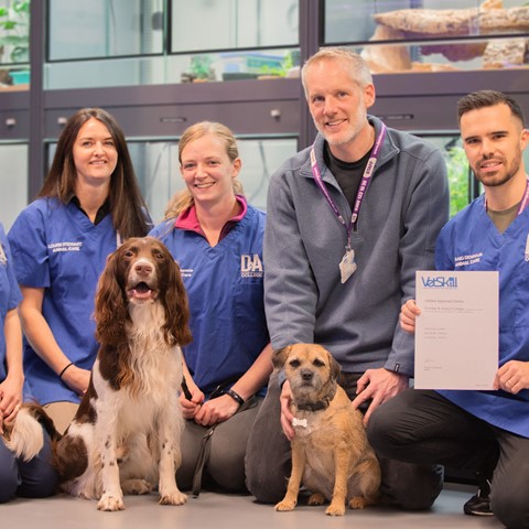 D&A Staff with their dogs proudly holding the VetSkill Centre Certification in front of six large aquariums