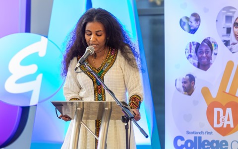 Student Salem speaking at College of Sanctuary event at our Gardyne Campus