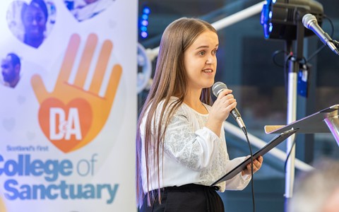Student Nadia speaking at our College of Sanctuary event at our Gardyne Campus