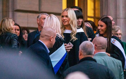 2024 graduation - graduates and guests outside Caird Hall