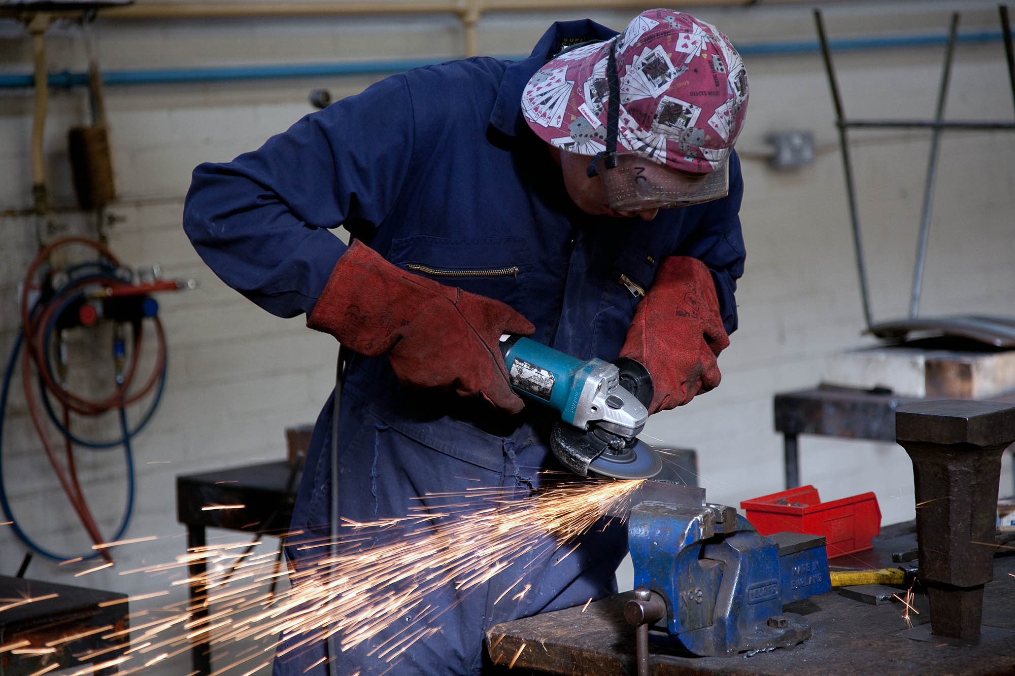 student with grinder