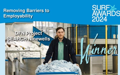 Photograph of a DFN Project SEARCH student with the SURF Award Logo and Winner written across it.