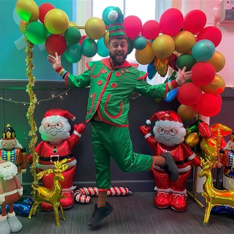 Raymond dressed in an Elf costume ready for the Festive Frolic