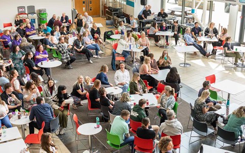 An image taken from a balcony of the audience at the 2025 staff awards