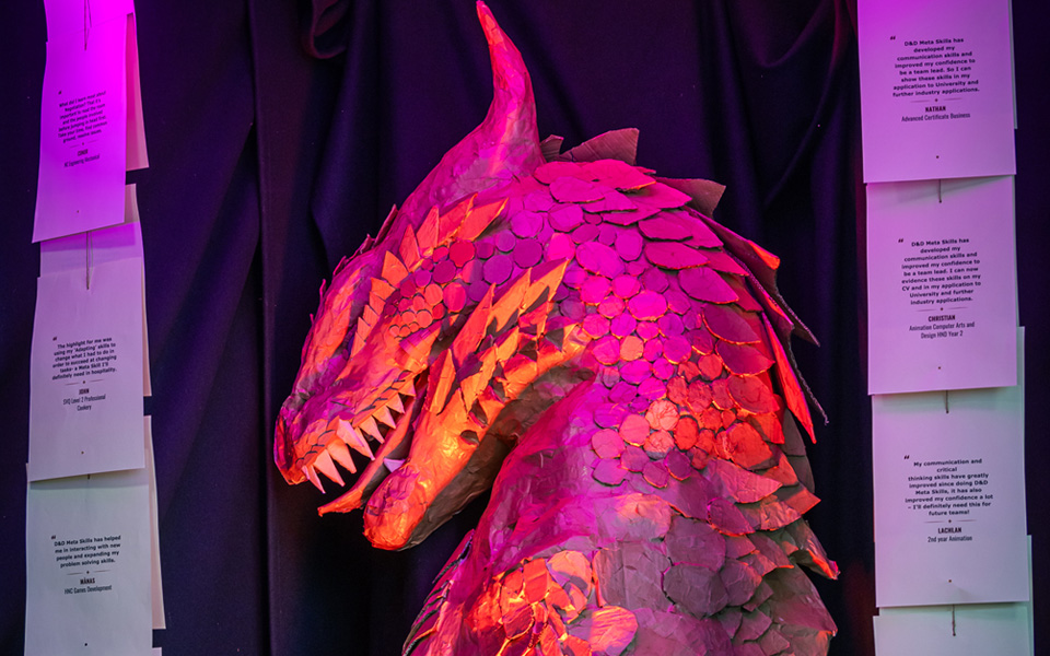 Paper mache dragon model lit up