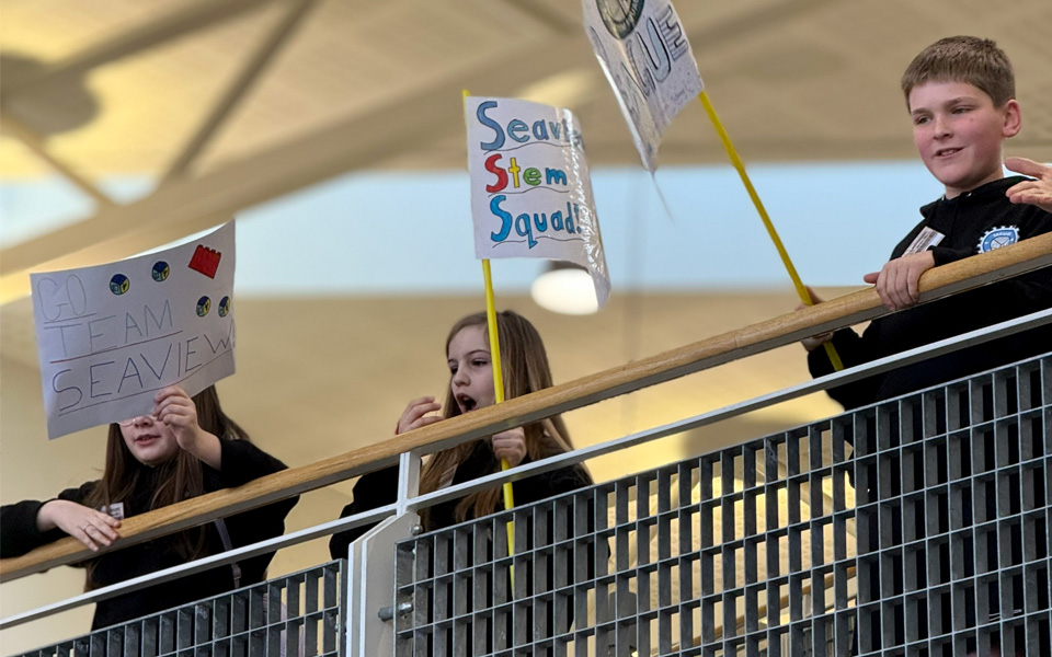 School pupils on walkway with team flags