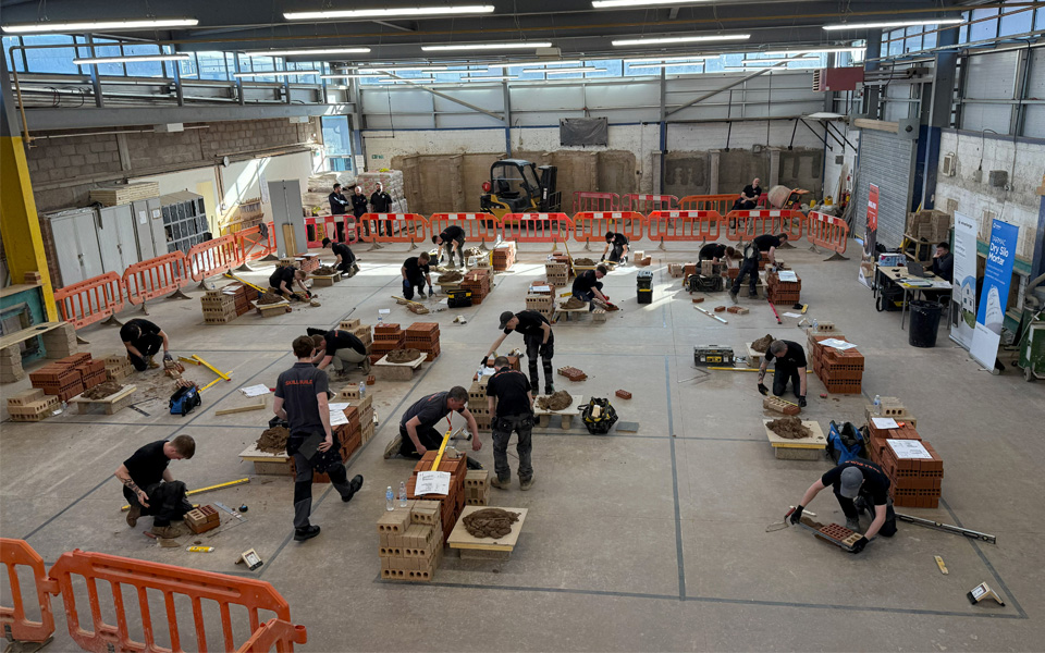 Wide shot from above of bricklaying workshop
